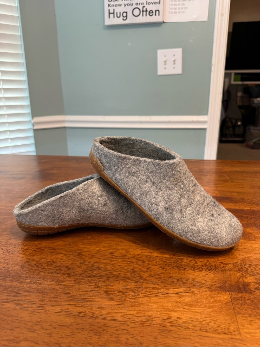 Glerups Grey Wool Slip-On Slippers Honey Rubber Sole Unisex EU 42 W11 M9